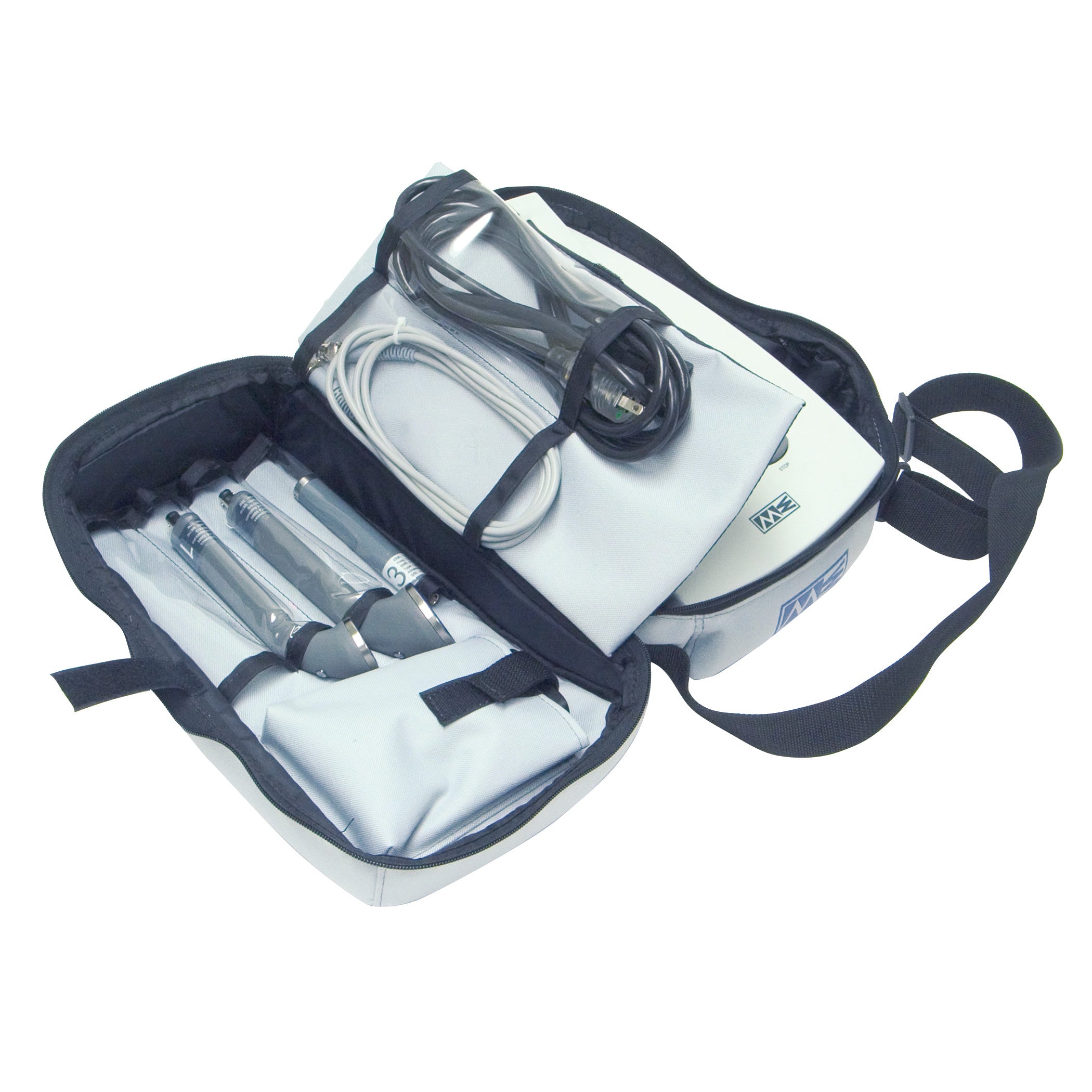 Travel Bag for Mettler Sonicator 740 Ultrasound with compartments holding ultrasound wands, cables, and a main device, partially open.