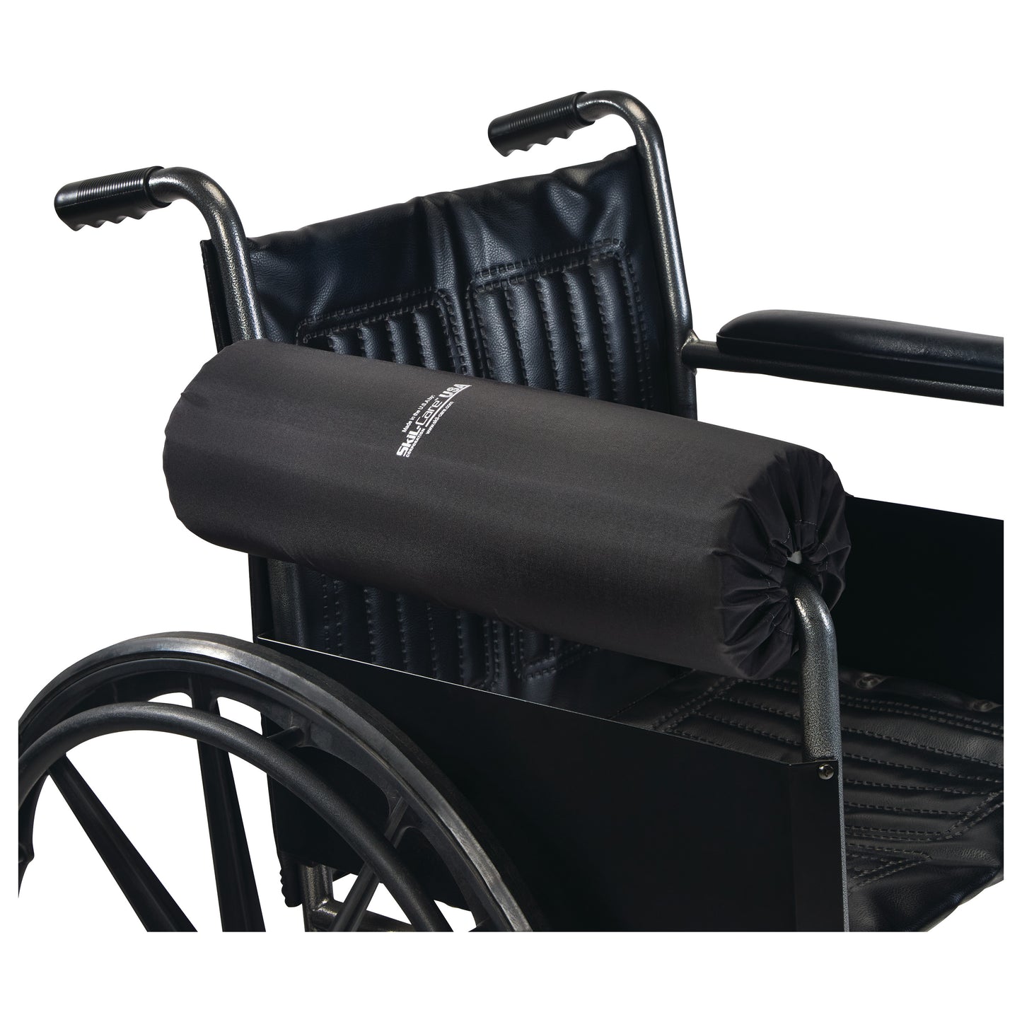SkiL-Care Lateral Stabilizer Full-Arm Armrest Bolster attached to a wheelchair, providing extra support and cushioning for the user.