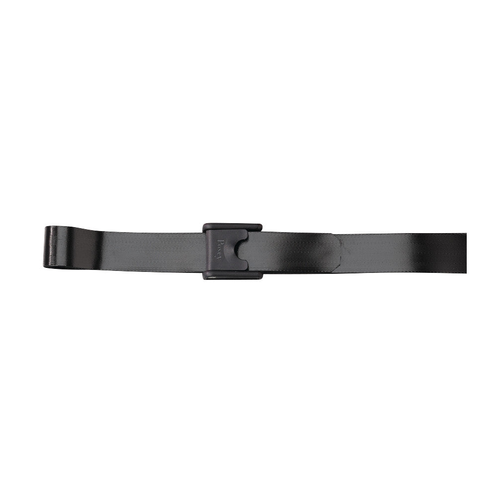 The Posey E-Z Clean Gait Belt is a black belt with a quick-release buckle, designed to assist in safely transferring patients.