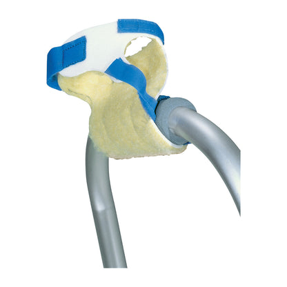 The image features the AliMed Hand Walker Cuff attached to a metal walker, lined with sheepskin and secured with blue straps.
