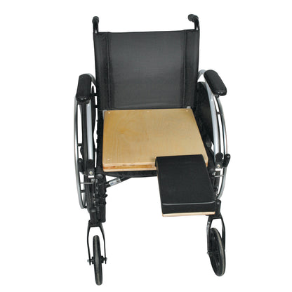 A wheelchair with the AliMed Unpadded Amputee Support Surface, featuring a cushioned stump support, is shown from the front.