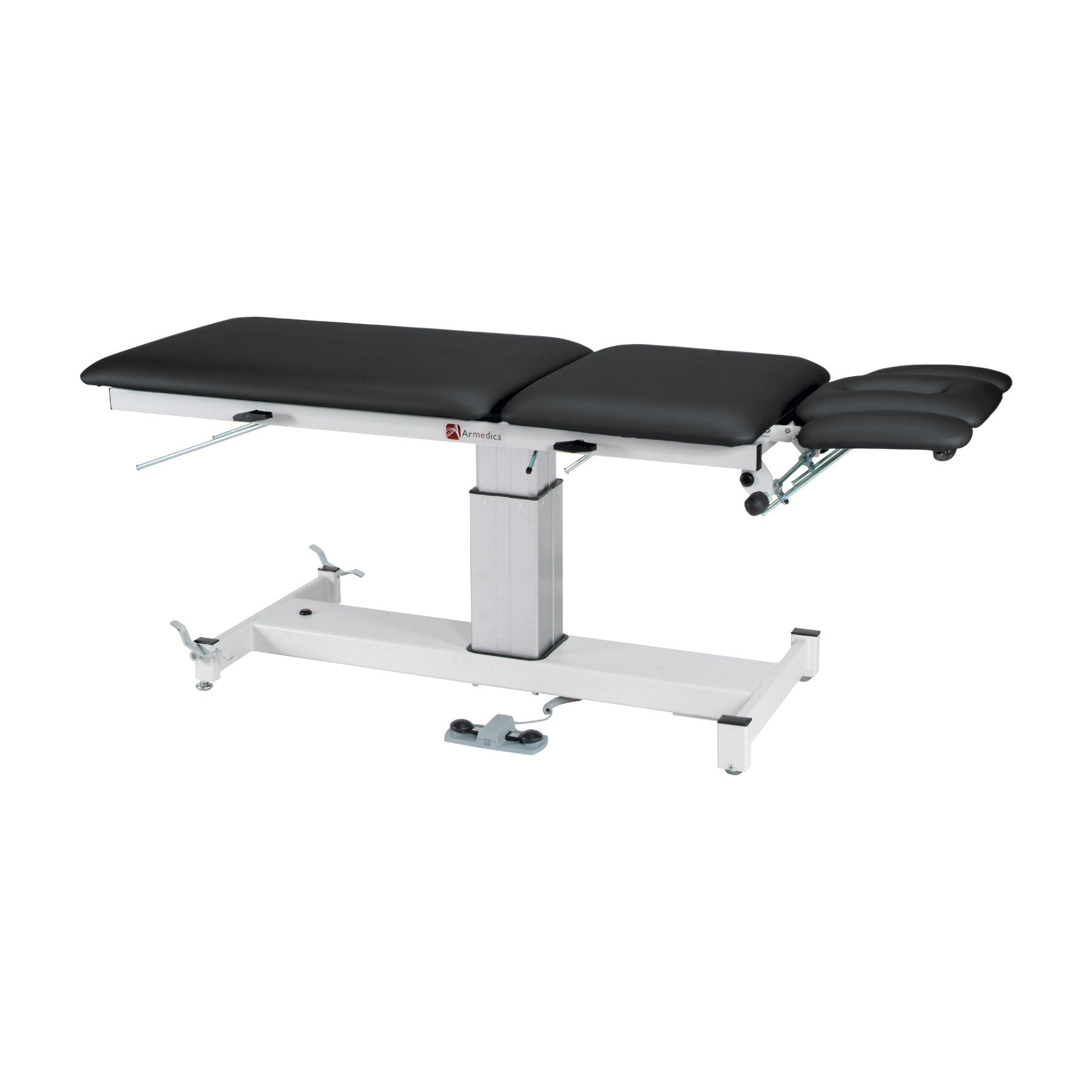 The Armedica AM-SP500 Table is a black, adjustable medical table with a white base, designed for patient examinations.