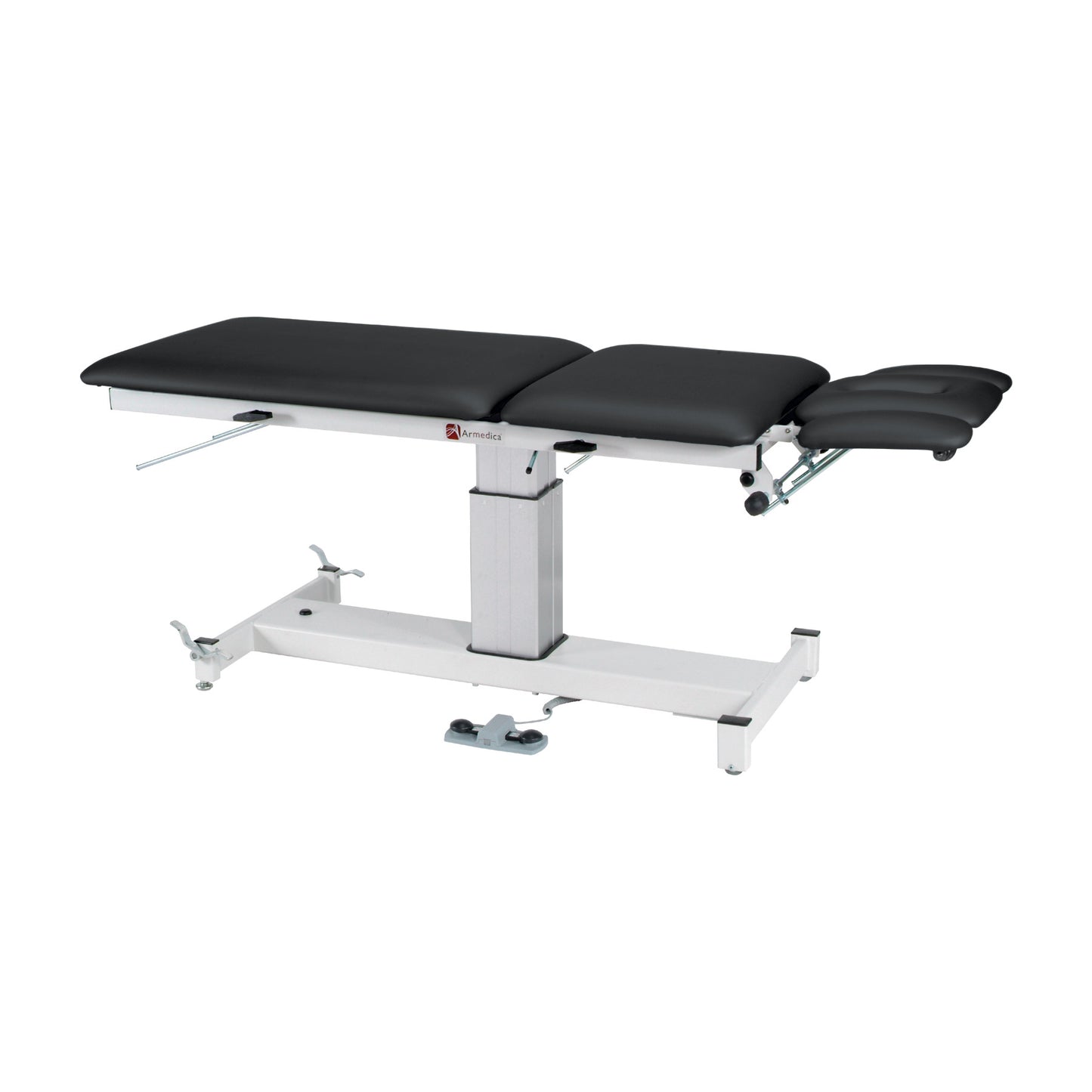 The Armedica AM-SP500 Table is a black, adjustable medical table with a white base, designed for patient examinations.