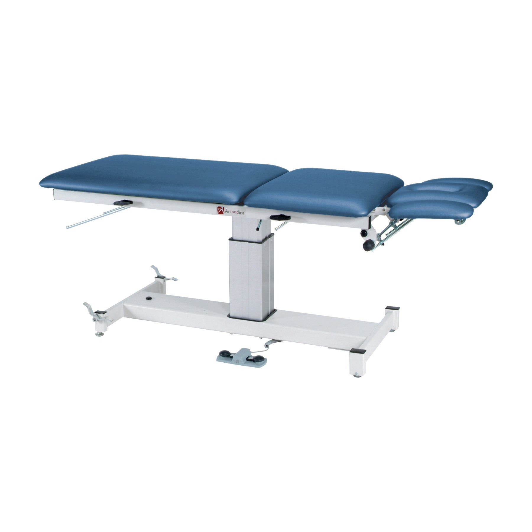 Armedica AM-SP500 Table, a blue padded medical exam table with adjustable sections and a sturdy white metal base.