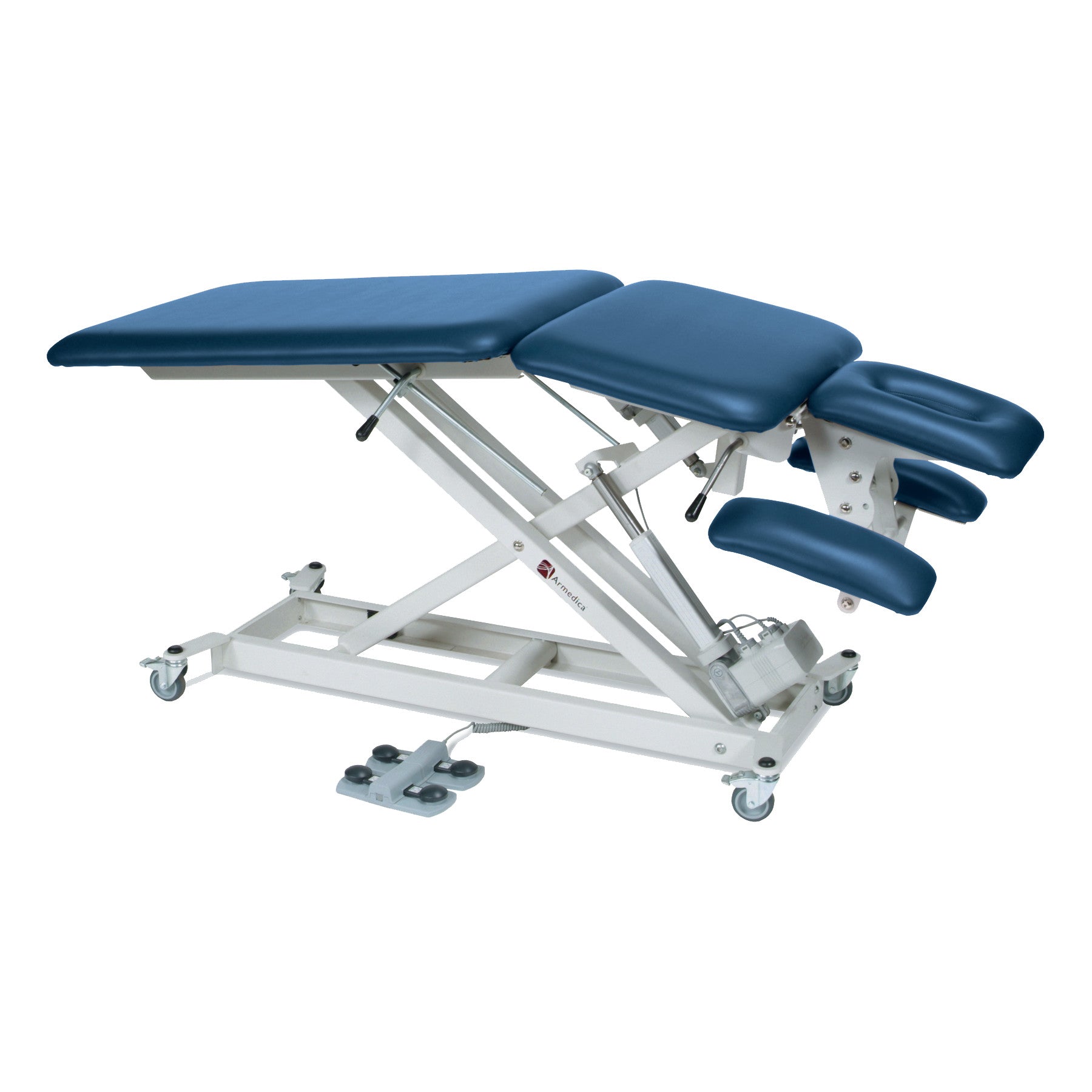 Armedica AM-SX5000 Treatment Table features adjustable sections, blue padding, and wheels for mobility, designed for patient care.
