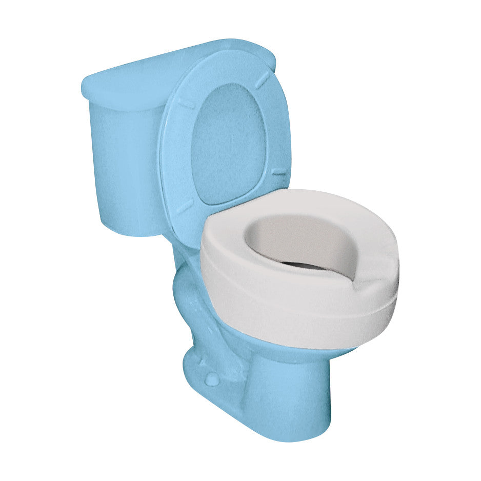 A blue toilet equipped with a Contact Plus Soft Toilet Seat, featuring a thick, beige cushioned design for enhanced comfort.