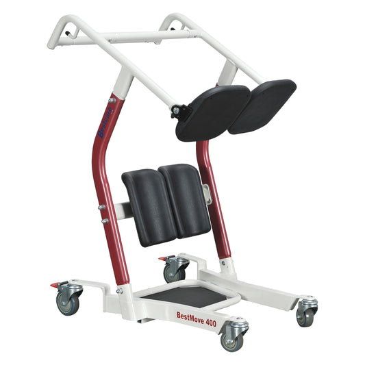 The Bestcare BestMove Standing Transfer Aid is a mobility device with a sturdy frame, padded supports, and four caster wheels.