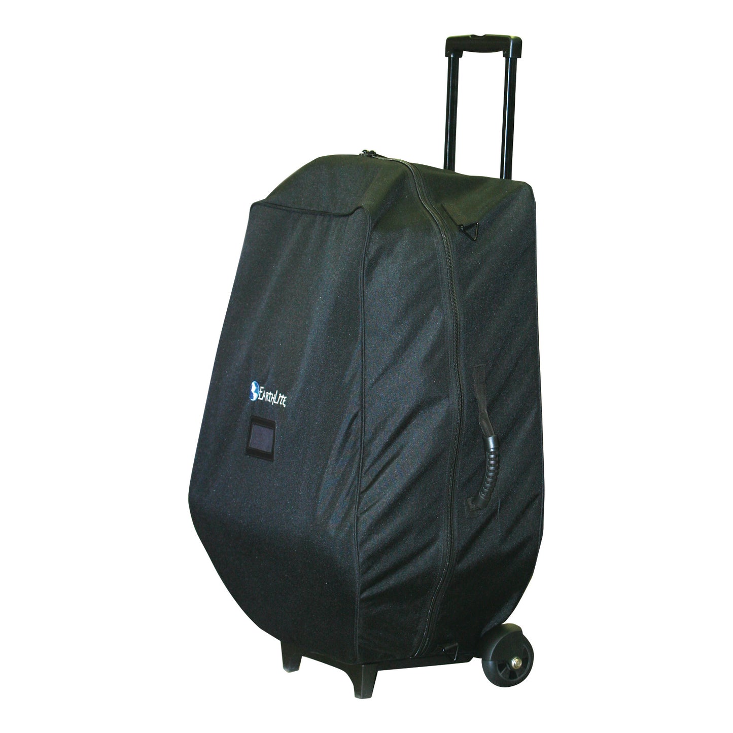 The EarthLite Avila II Portable Massage Chair is covered in a black wheeled travel bag with a telescopic handle.