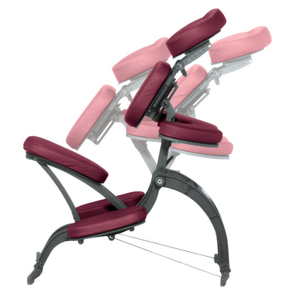 EarthLite Avila II Portable Massage Chair with ergonomic design, adjustable settings, and maroon cushions on a gray metal frame.