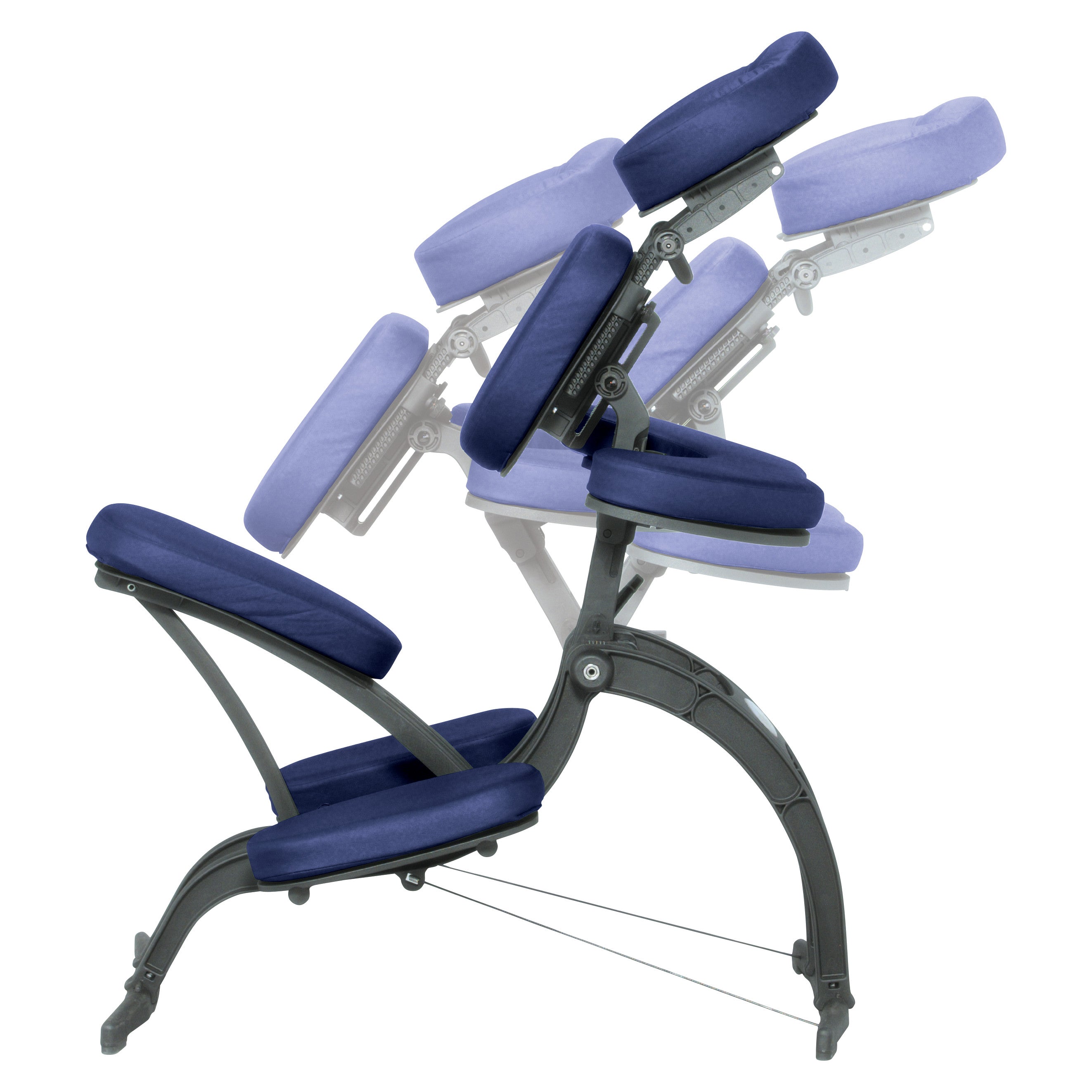 EarthLite Avila II Portable Massage Chair in blue with adjustable components, shown in different positions for customization.