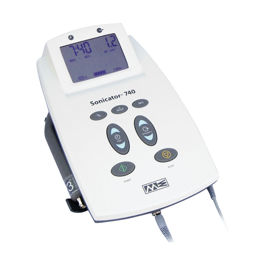 The Mettler Sonicator 740 Ultrasound device features a digital display and control buttons, used for therapeutic ultrasound treatment.