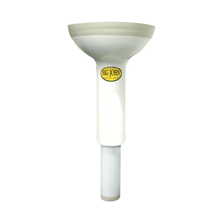 Big John Wall-Mount Toilet Support, a white cylindrical support with a widened top section, featuring a logo and sturdy design.