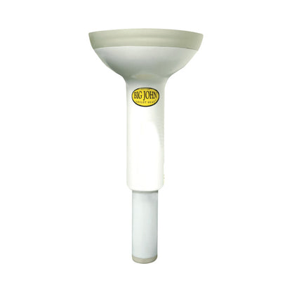 Big John Wall-Mount Toilet Support, a white cylindrical support with a widened top section, featuring a logo and sturdy design.