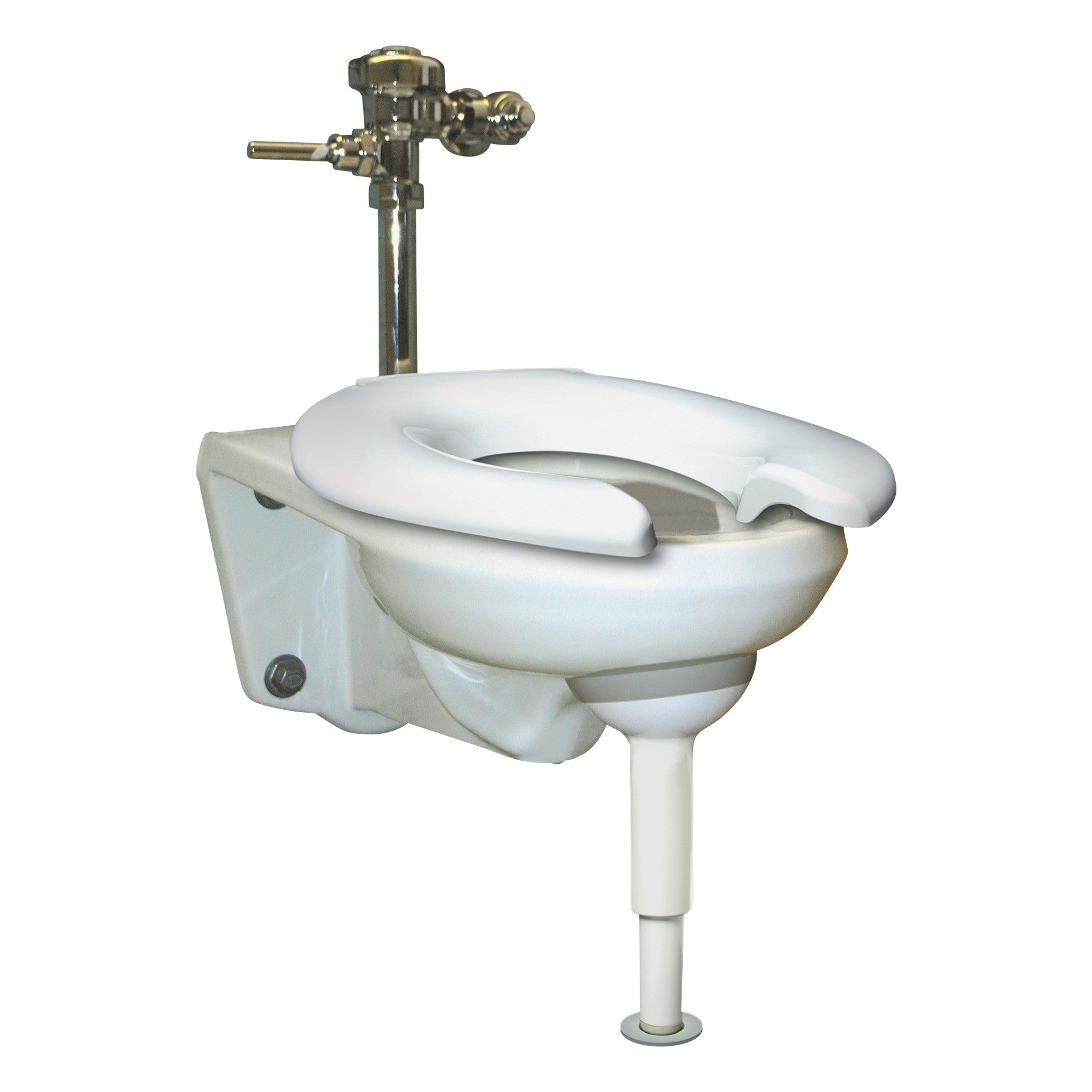 A Big John Wall-Mount Toilet Support is attached beneath a wall-mounted toilet with an open-front seat, connected to pipes above.
