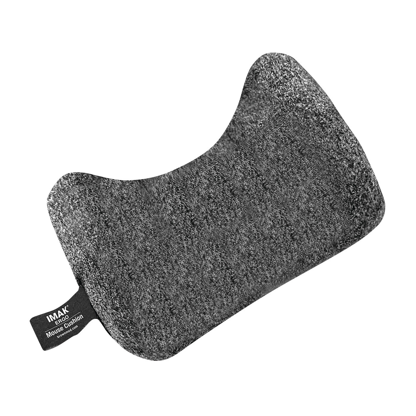 Gray mouse cushion with ergonomic shape, featuring the label Brownmed IMAK ergoBeads Keyboard Mouse Cushion on a small black tag.