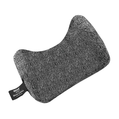 Gray mouse cushion with ergonomic shape, featuring the label Brownmed IMAK ergoBeads Keyboard Mouse Cushion on a small black tag.