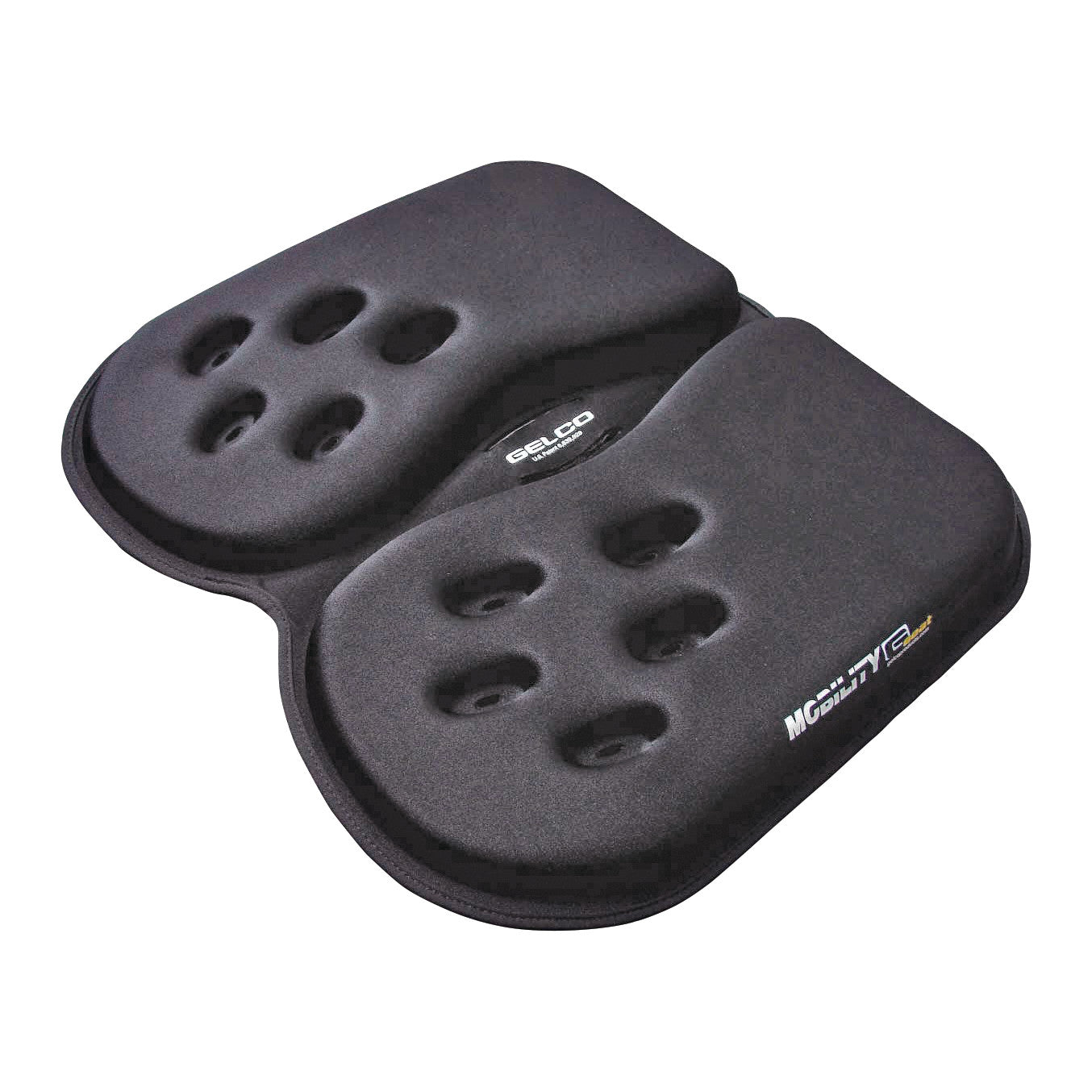 The Gelco GSeat Ultra Portable Gel Seat is a black cushioned seat pad with cutouts and sculpted surfaces for ergonomic support.