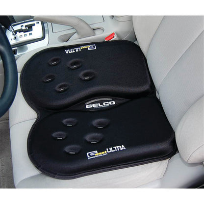 A Gelco GSeat Ultra Portable Gel Seat with a black cushion is placed on a light gray car seat for added comfort.