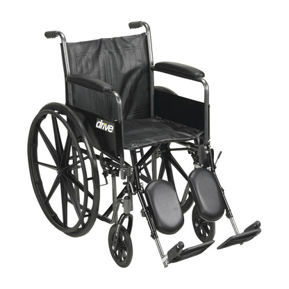 Silver Sport 2 Wheelchair with Full Arms and Elevating Leg Rests, featuring a black seat, armrests, and large rear wheels.