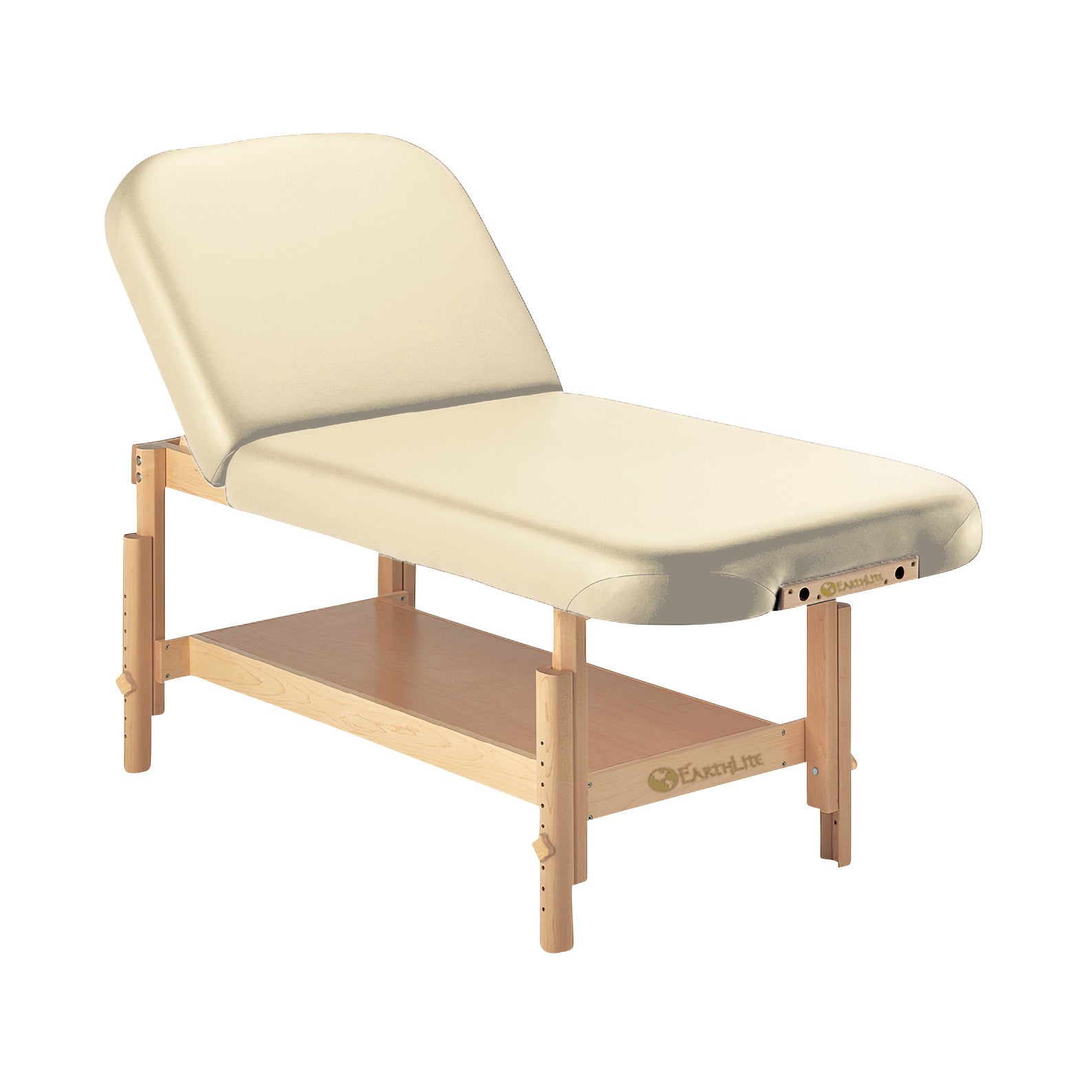 The  Massage Table features a beige cushioned top, adjustable backrest, and wooden base with a storage shelf.