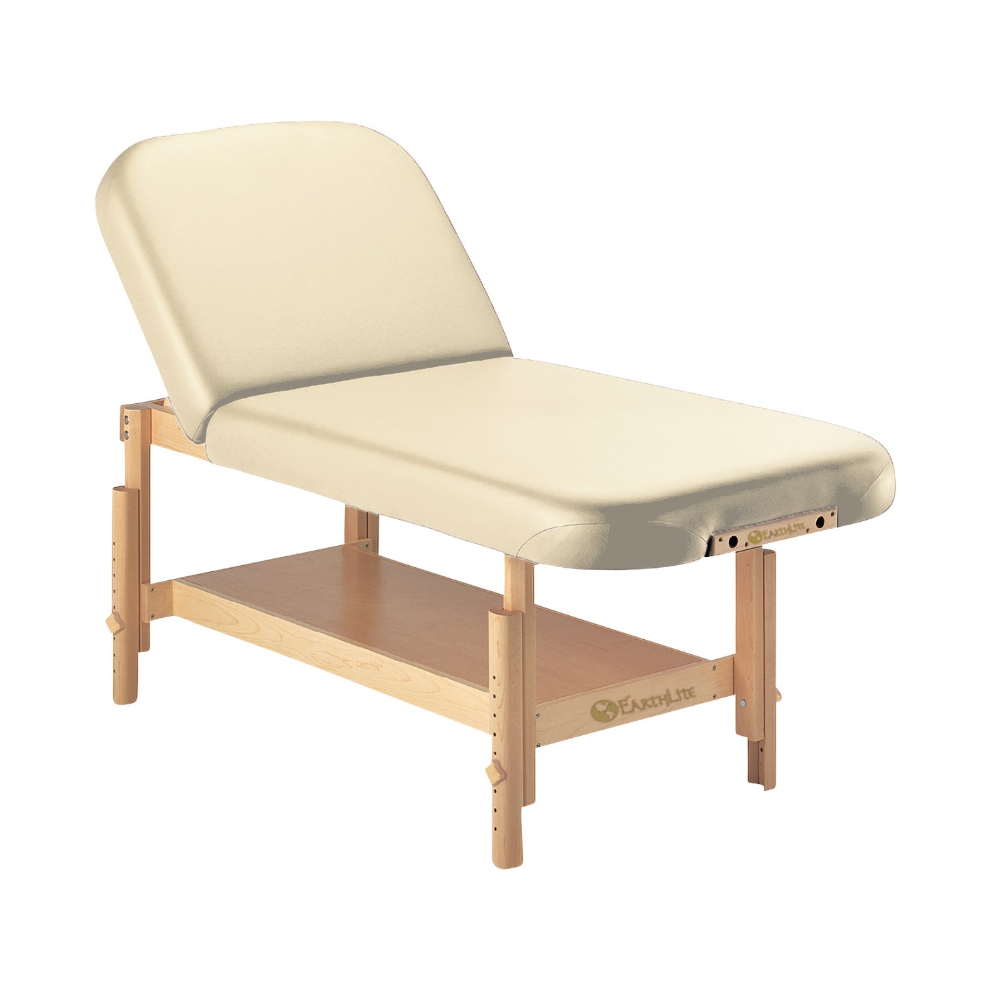 The  Massage Table features a beige cushioned top, adjustable backrest, and wooden base with a storage shelf.