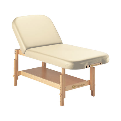 The  Massage Table features a beige cushioned top, adjustable backrest, and wooden base with a storage shelf.