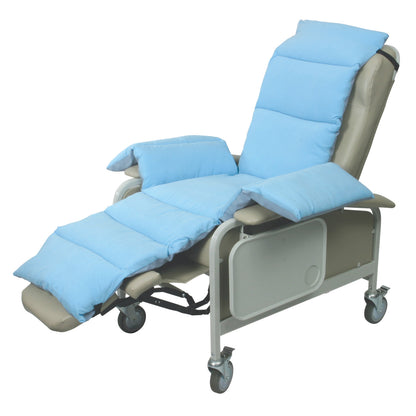 The AliMed Geri-Chair Comfort Seat features blue padding, adjustable reclining support, and wheels for easy mobility.