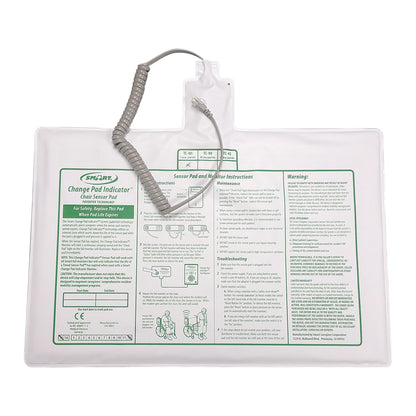 The Smart Caregiver Timed Chair Sensor Pad is a flat, rectangular sensor with coiled cable and instructions printed on its surface.