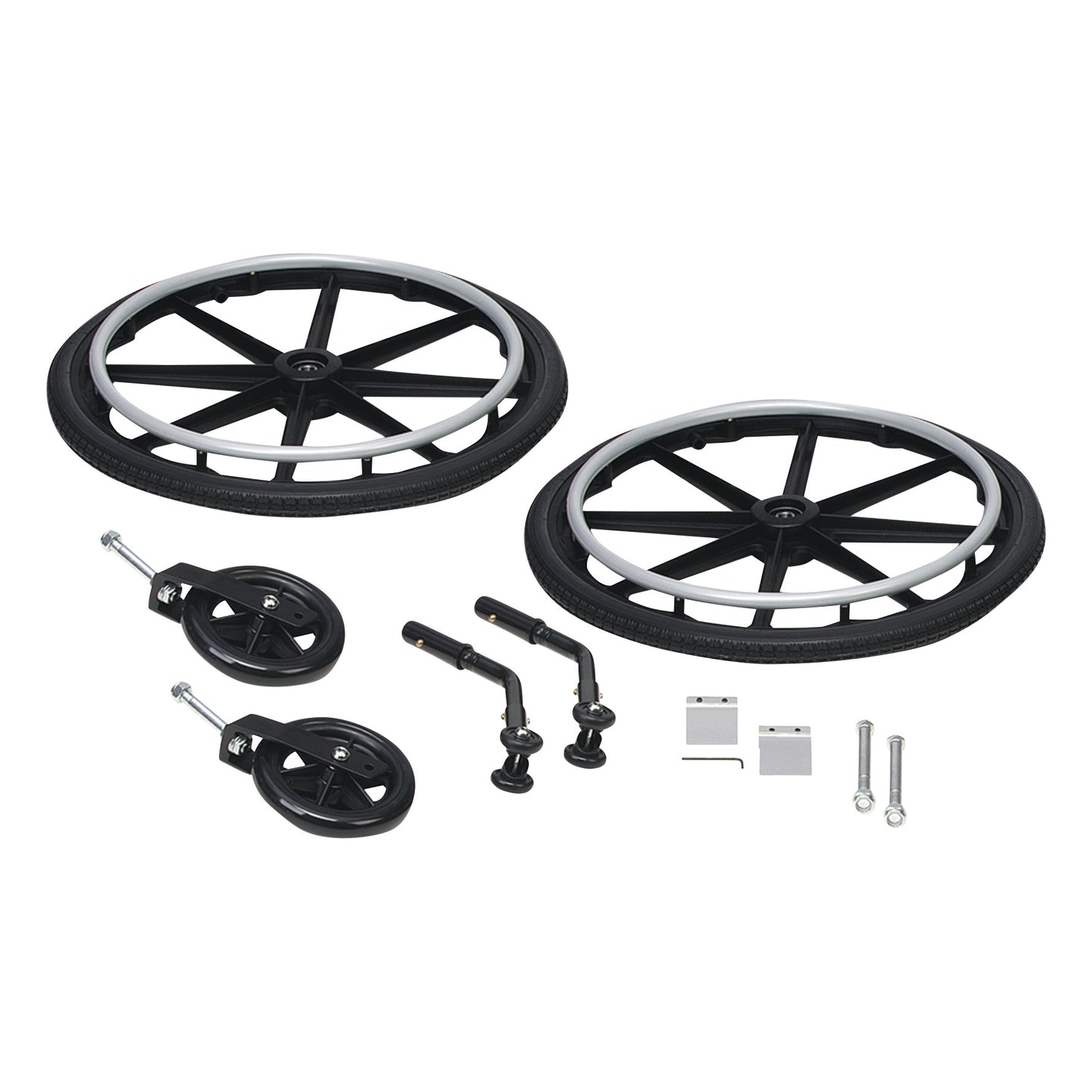 Drive Medical Viper Super Hemi Kit with two large wheels, two small wheels, axles, and hardware for wheelchair assembly.