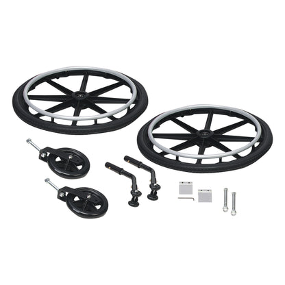 Drive Medical Viper Super Hemi Kit with two large wheels, two small wheels, axles, and hardware for wheelchair assembly.