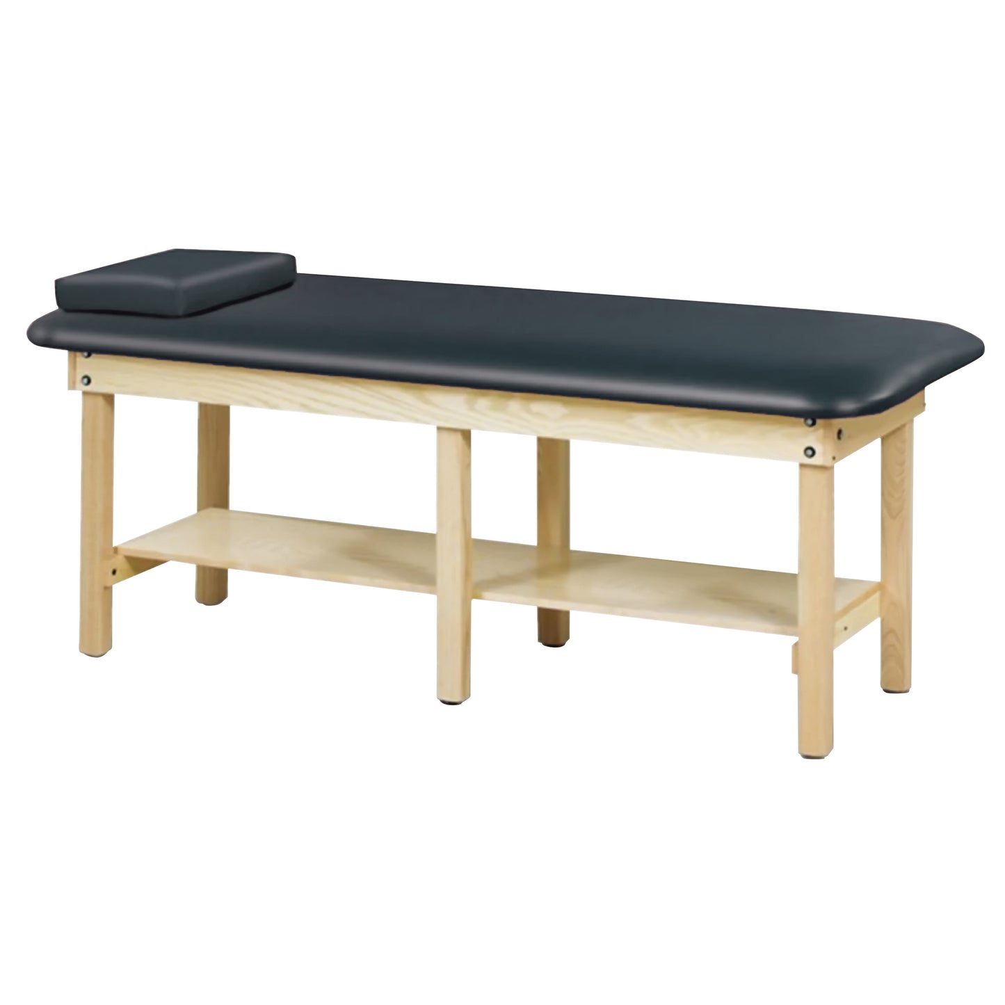 The Clinton Bariatric Treatment Table has a padded top and head cushion, wooden legs, and an open shelf beneath for storage.