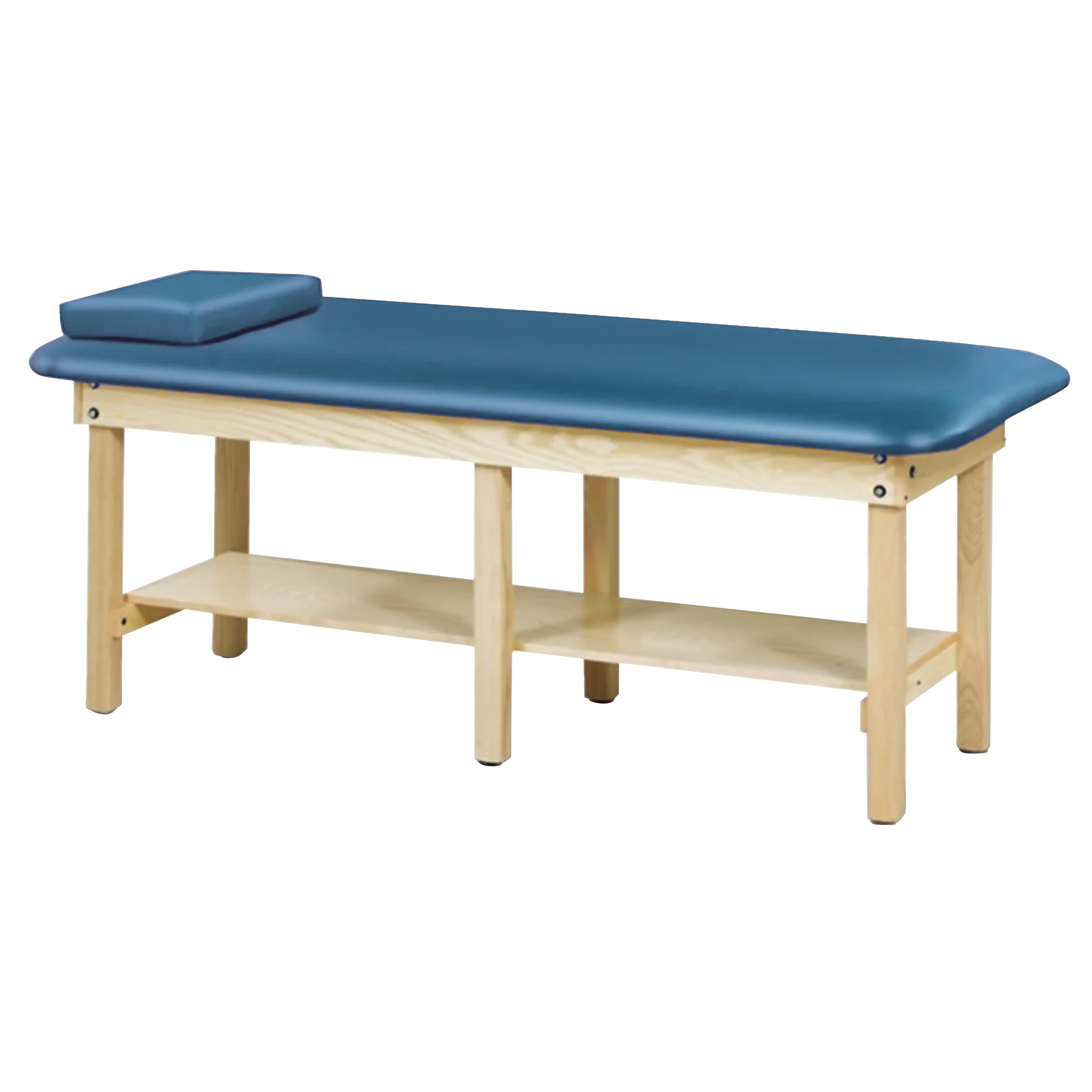 Clinton Bariatric Treatment Table with a blue cushioned top, wooden frame, and a lower shelf for storage, designed for medical use.