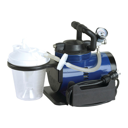 Drive Medical Heavy-Duty Suction Machine with a blue body, white canister, pressure gauge, and power cord neatly coiled.