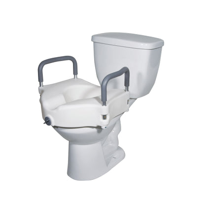 Drive Medical Two-in-One Locking Raised Toilet Seat with padded armrests is attached to a standard white toilet, providing extra height.