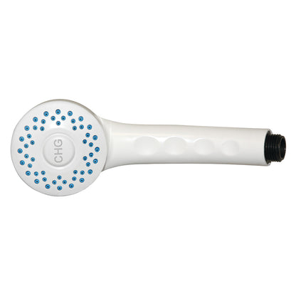 The Encore SaniShower Eco-Friendly Hand Shower is white with blue nozzles and a label "CHG," featuring a grooved handle.
