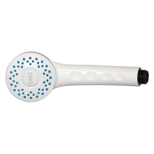 The Encore SaniShower Eco-Friendly Hand Shower is white with blue nozzles and a label "CHG," featuring a grooved handle.