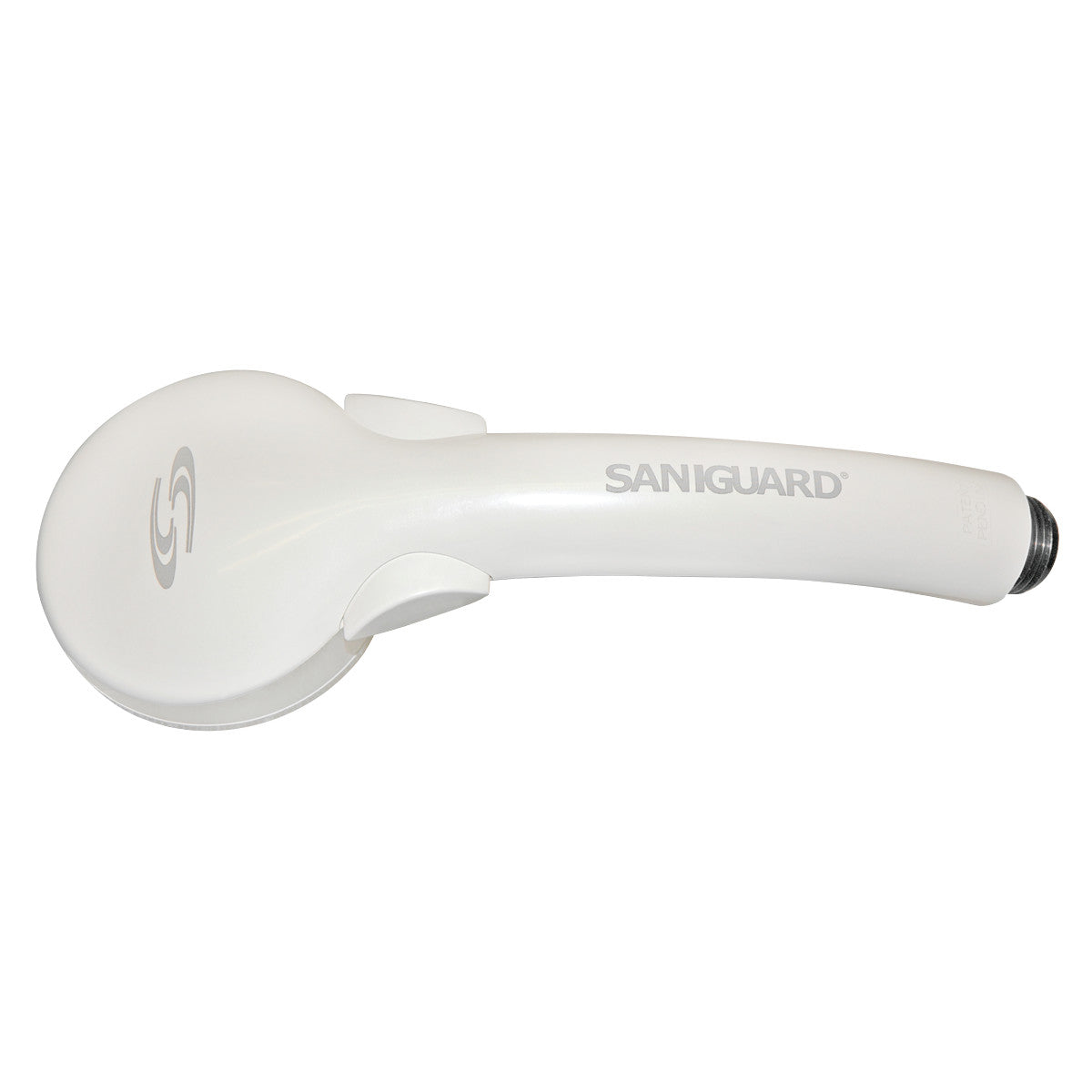 White Encore SaniShower Eco-Friendly Hand Shower with a sleek design and gray logo.