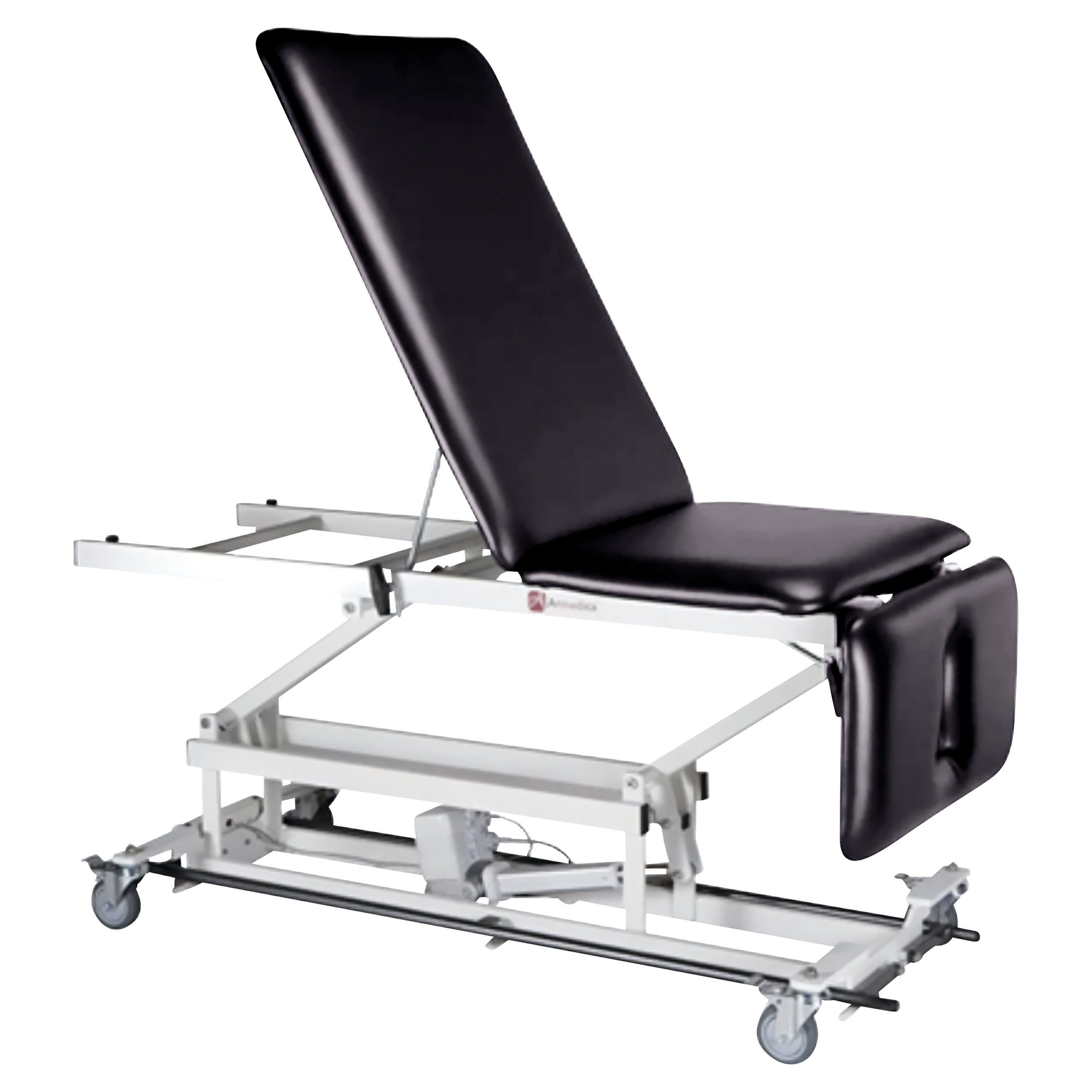 The Armedica AM-BA350 Treatment Table is a black medical examination table with adjustable sections and wheels for mobility.