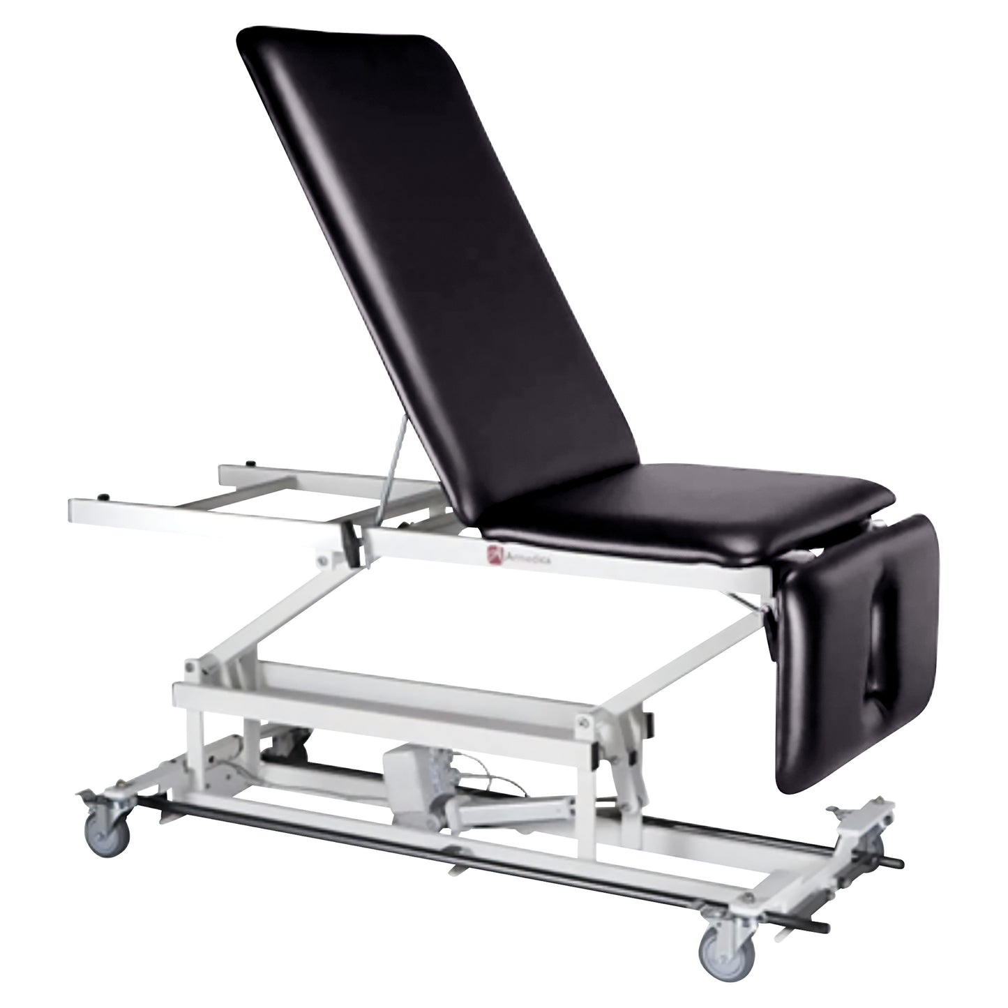 The Armedica AM-BA350 Treatment Table is a black medical examination table with adjustable sections and wheels for mobility.