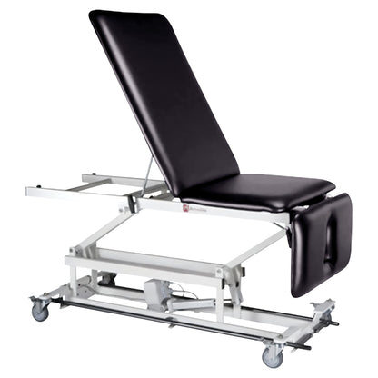 The Armedica AM-BA350 Treatment Table is a black medical examination table with adjustable sections and wheels for mobility.