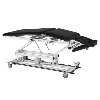 The Armedica AM-BA500 Treatment Table has a black cushioned surface, adjustable sections, and white metal frame with mounted wheels.