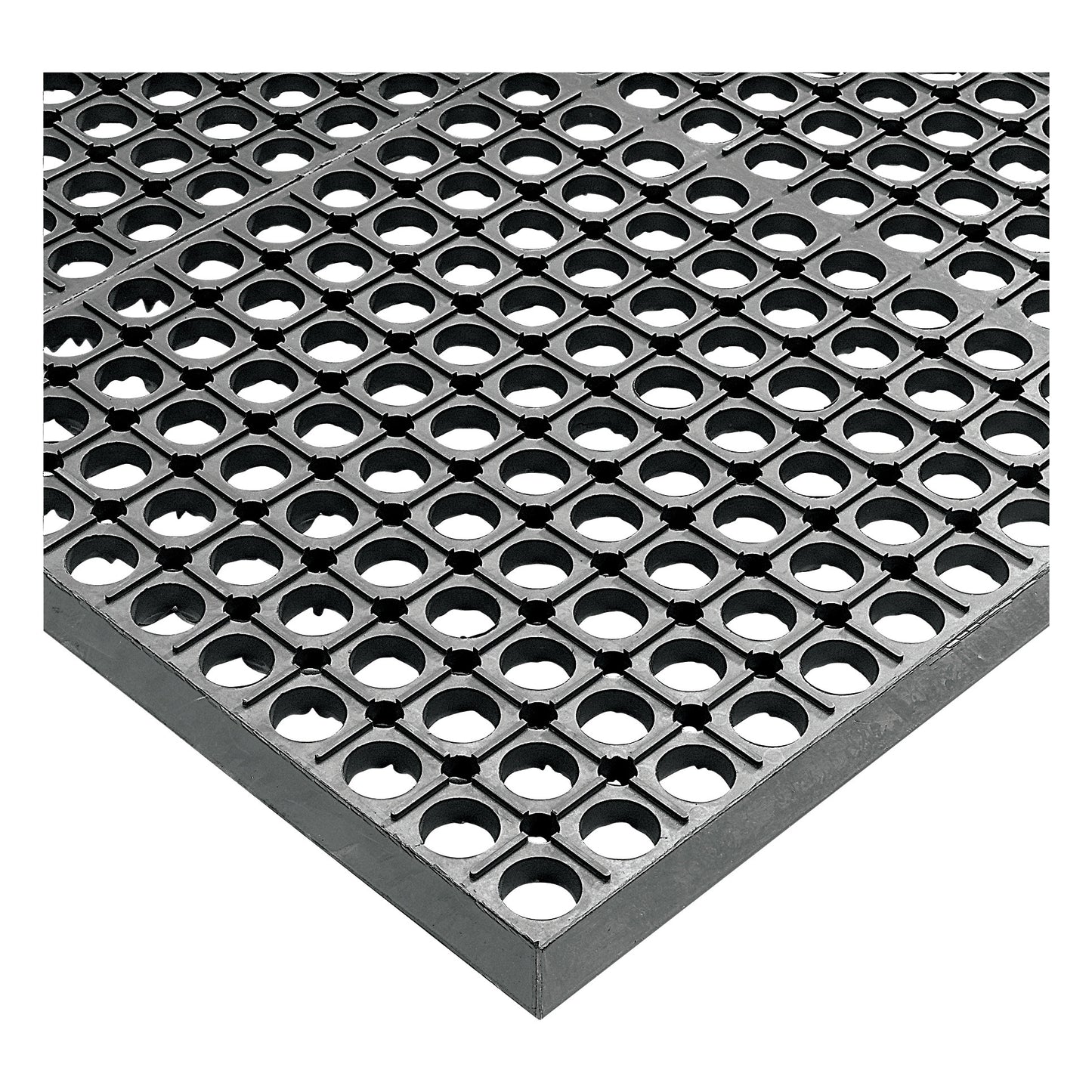 The Wearwell WorkRite Anti-Fatigue Mat features a black grid design with circular holes, providing cushioning and traction.