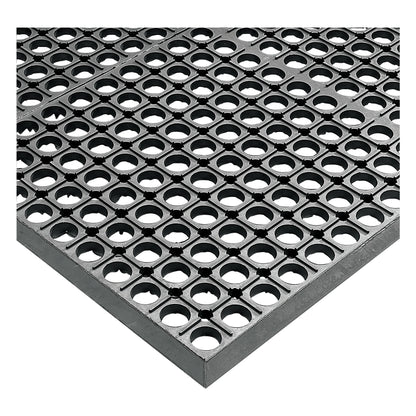 The Wearwell WorkRite Anti-Fatigue Mat features a black grid design with circular holes, providing cushioning and traction.