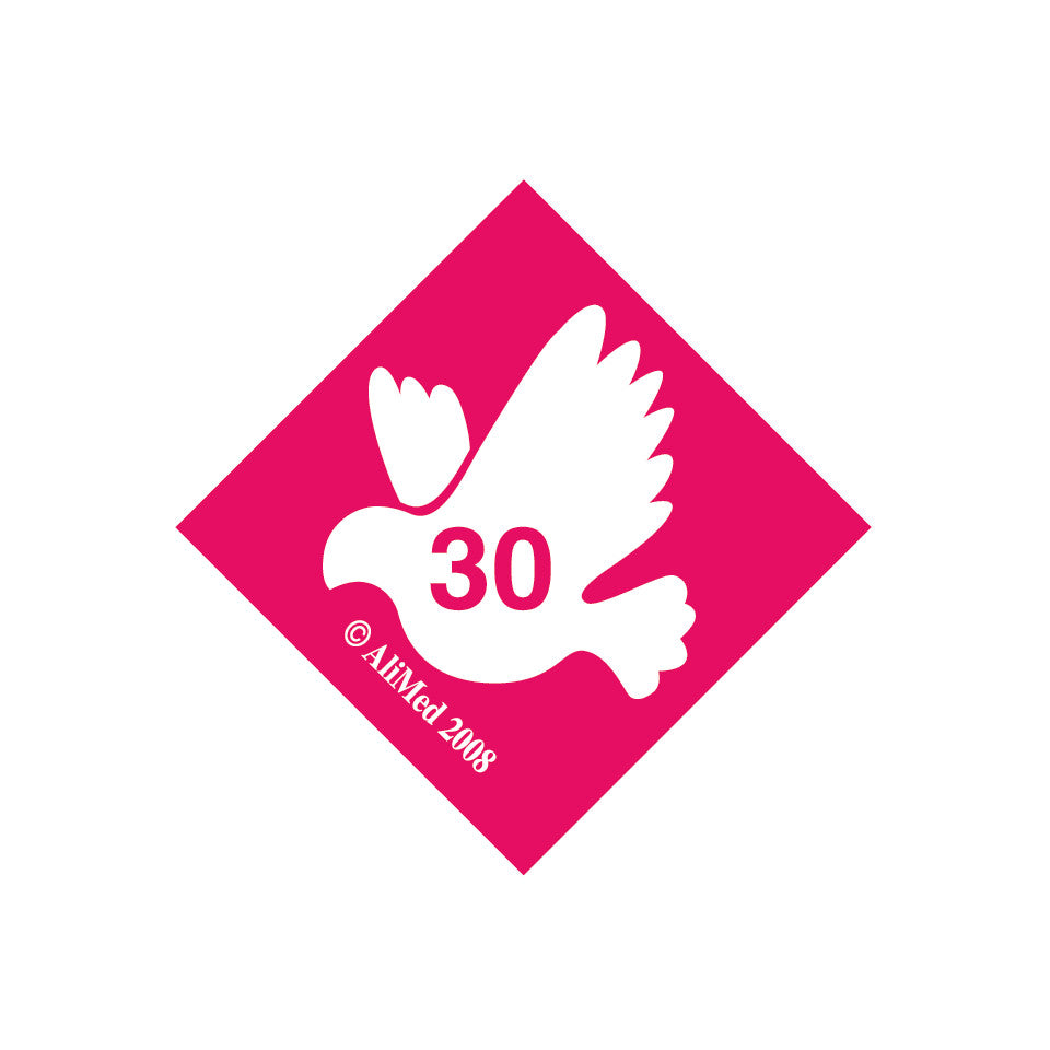 Pink diamond-shaped label featuring a white dove with "30" inside for AliMed Standardized Equipment Weight Capacity Label.