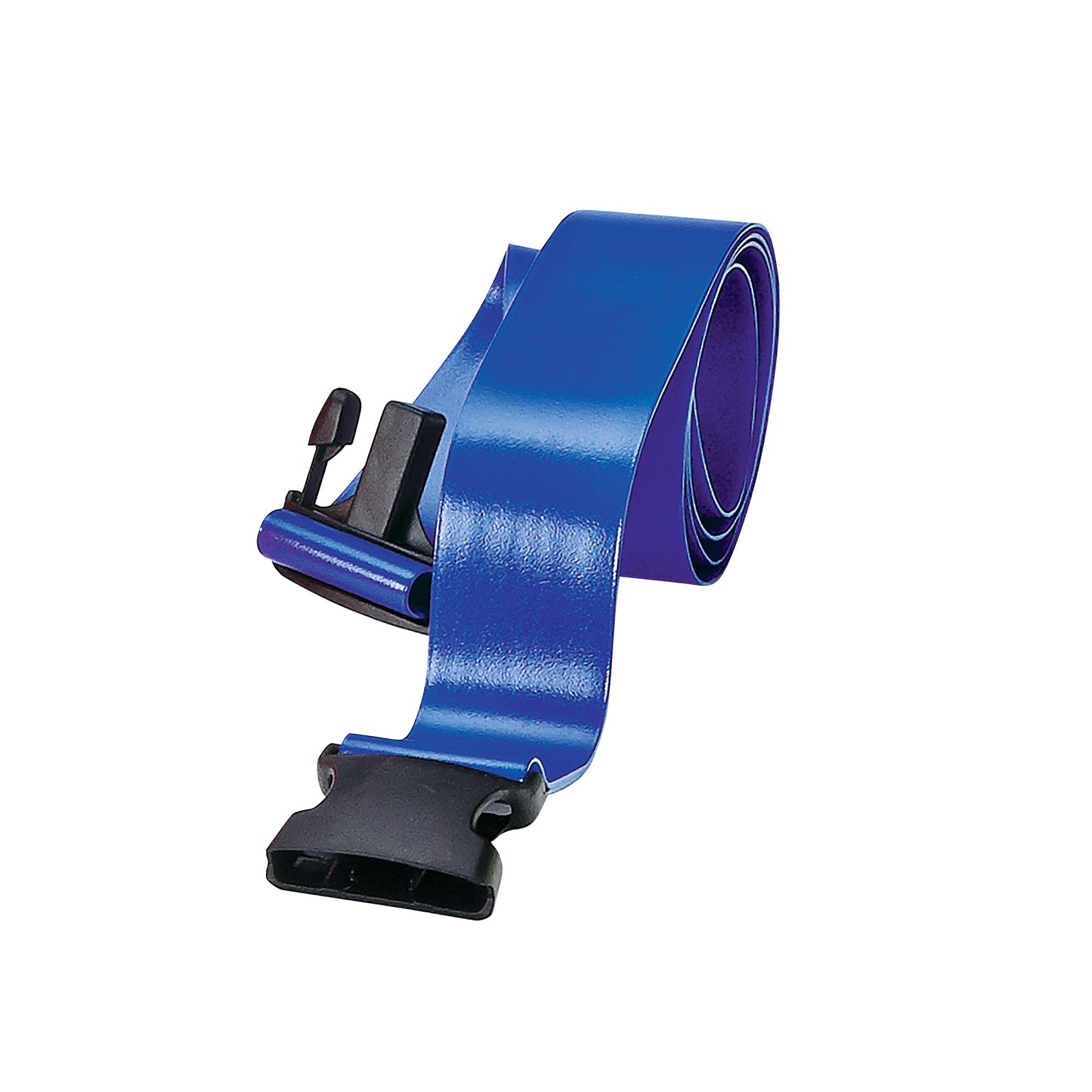 A blue AliMed Antimicrobial Wipeable Gait Belt with a black buckle and hooks, designed for patient mobility support.