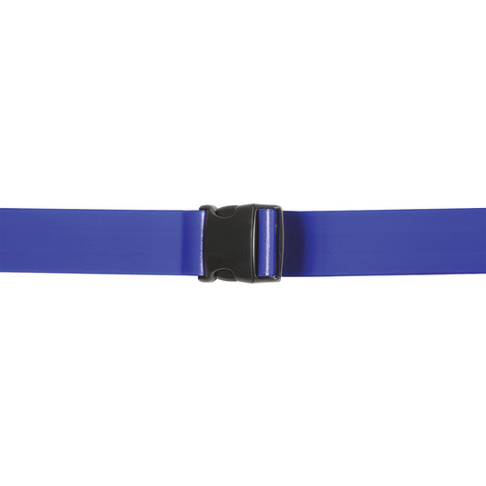 A blue AliMed Antimicrobial Wipeable Gait Belt with a black quick-release buckle lies flat against a white background.