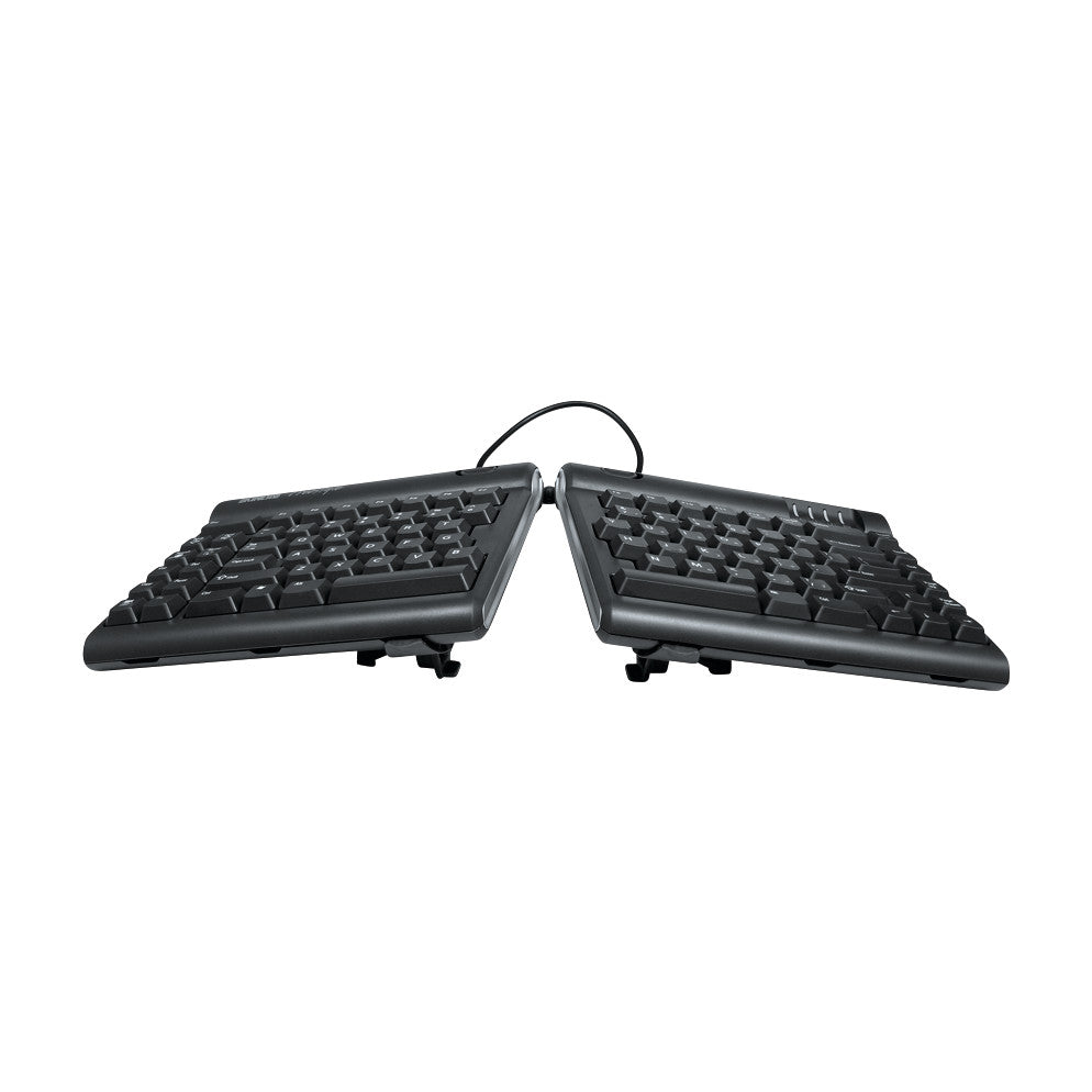 The image shows a Kinesis Freestyle2 V3 Tenting Accessory Kit, featuring a split ergonomic keyboard angled upward for comfort.