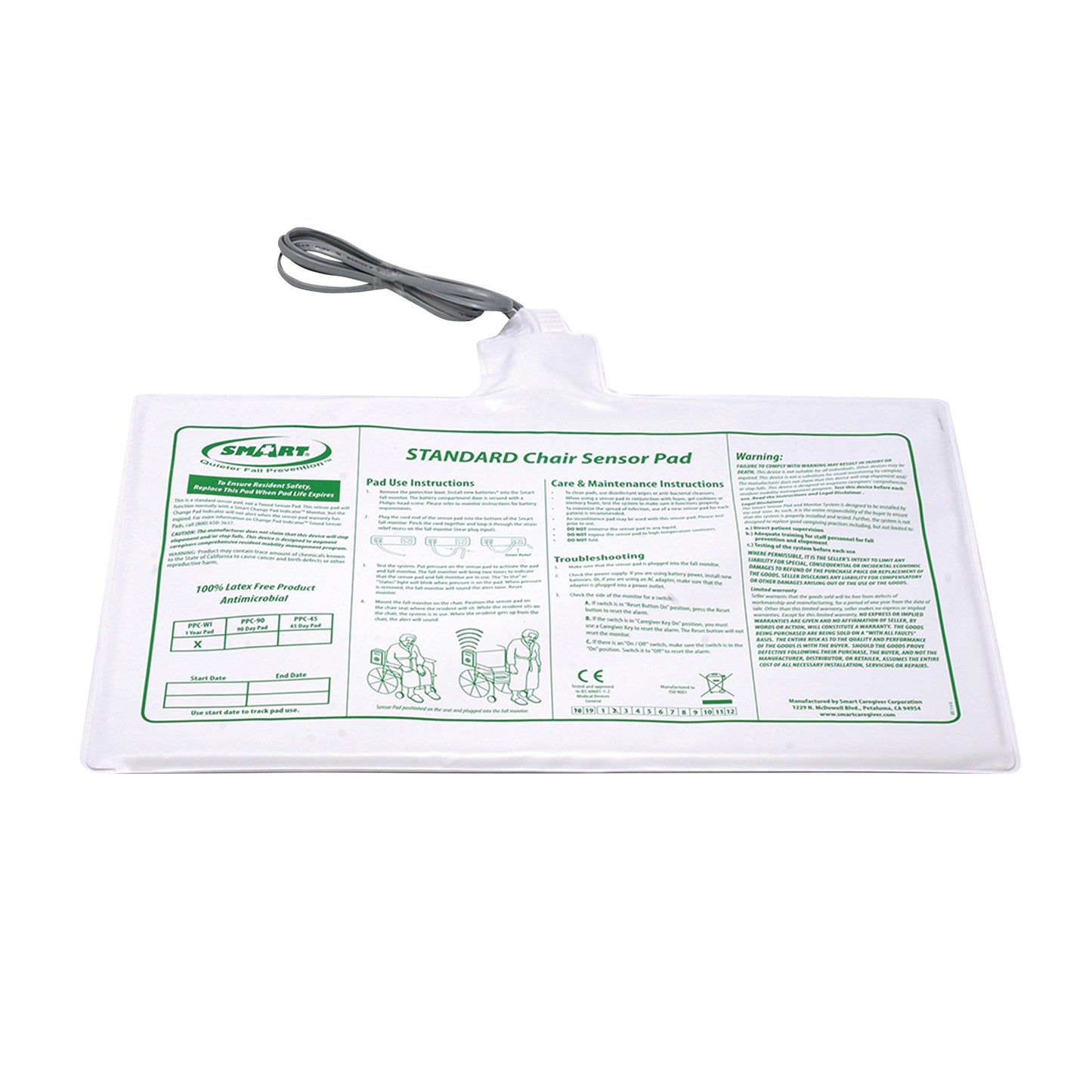 Smart Caregiver Corded Chair Sensor Pad with printed instructions, connected by a cord, used for monitoring chair occupancy.