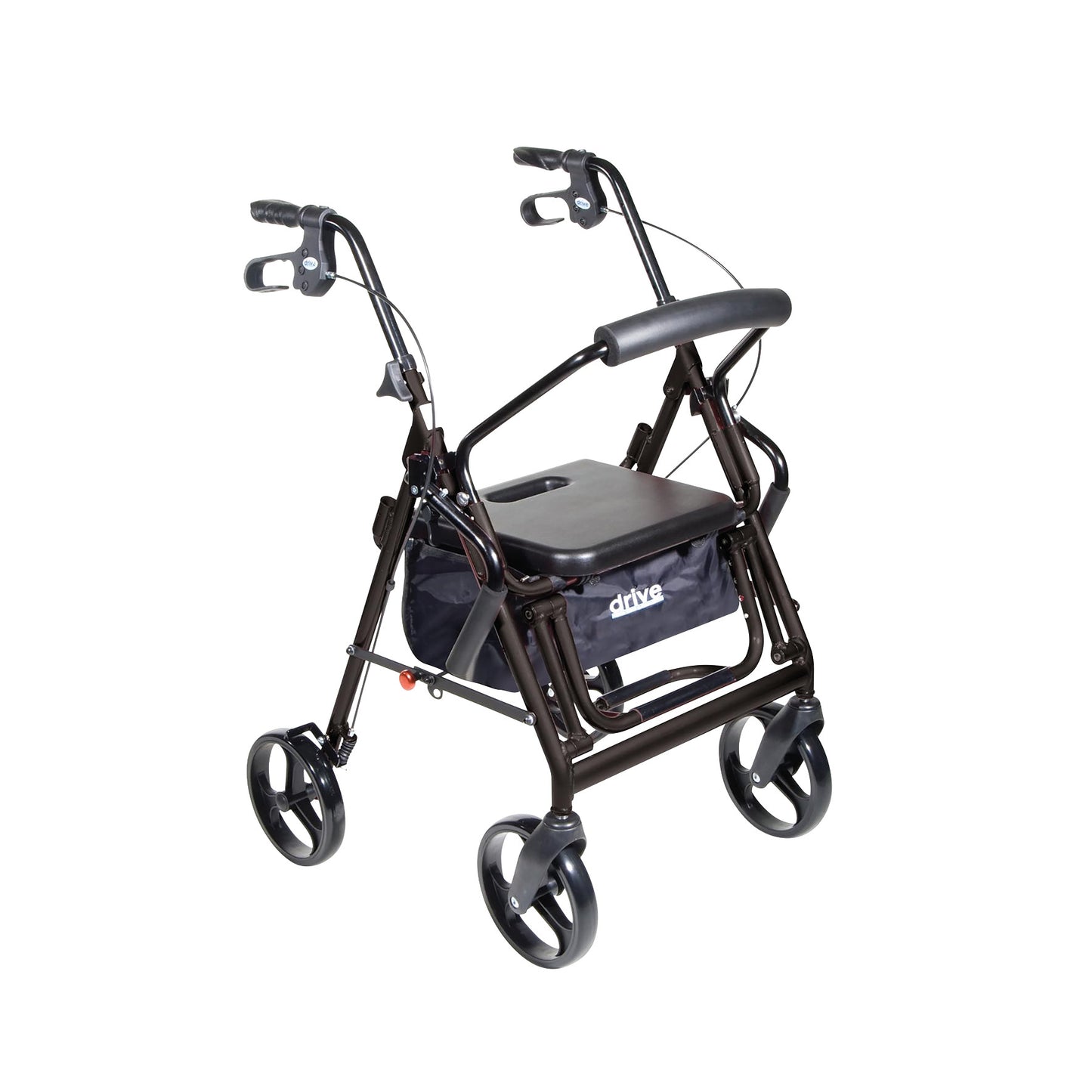 The Duet Transport Chair and Rollator, a mobility aid with four wheels, a seat, and hand brakes for support and convenience.