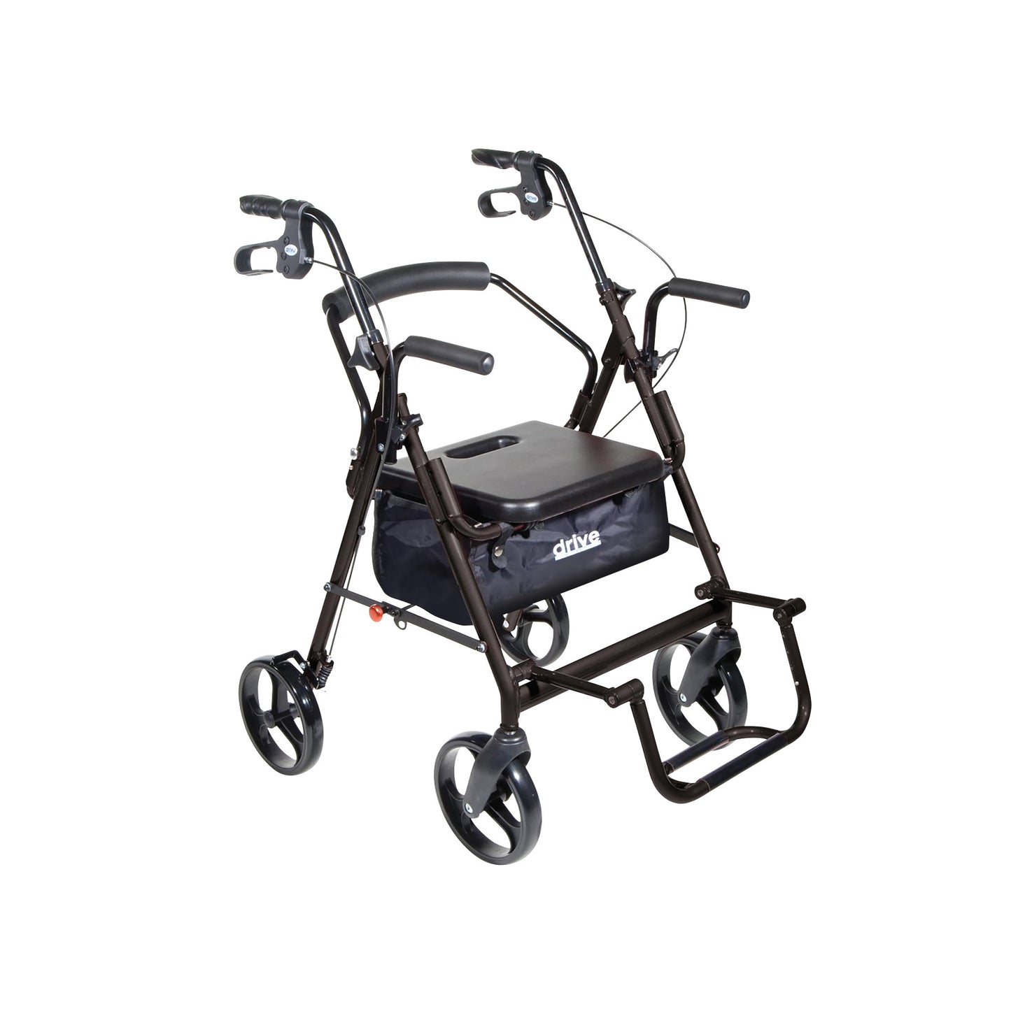 Drive Medical The Duet Transport Chair and Rollator, featuring a seat, four wheels, hand grips with brakes, and a storage pouch.